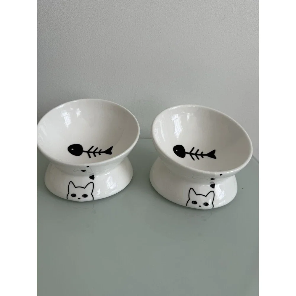 ✿ Cat Bowl Set Ceramic Fish Design Microwave Dishwasher Safe Eco Friendly White!